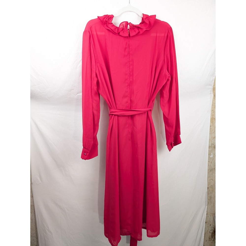 Vintage 70s Ruffle Neck Long Sleeve Belted Dress Sz XL Pink Fairy Coquette Union - Picture 8 of 10
